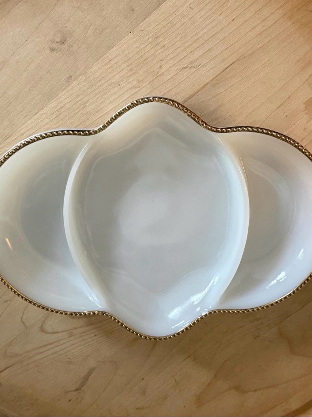 Anchor Hocking Fire-King Milk Glass Gold Trim Divided Dish